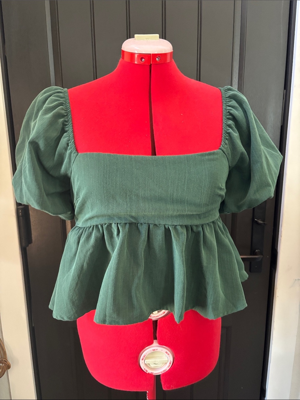 Francesca's Collections Forest Green Square-Neck Peplum Puff Sleeve Top